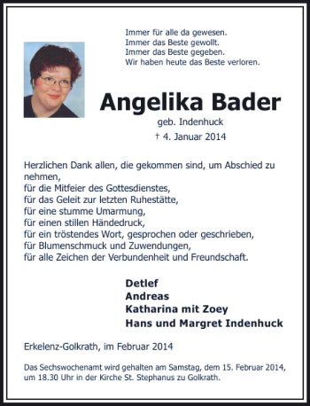 Todesanzeige von Angelika Bader von Rheinische Post