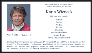 Todesanzeige von Karin Wieneck von Rheinische Post