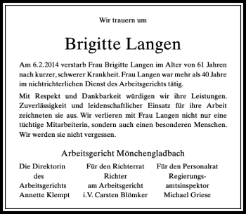 Todesanzeige von Brigitte Langen von Rheinische Post