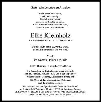 Todesanzeige von Elke Kleinholz von Rheinische Post
