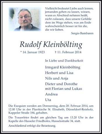Todesanzeige von Rudolf Kleinbölting von Rheinische Post