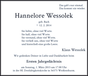 Todesanzeige von Hannelore Wessolek von Rheinische Post