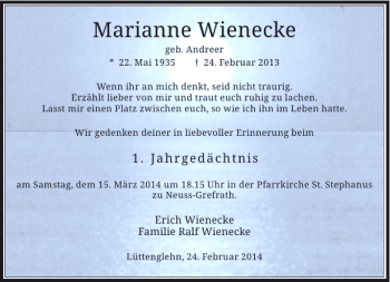 Todesanzeige von Marianne Wienecke von Rheinische Post