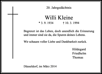 Todesanzeige von Willi Kleine von Rheinische Post