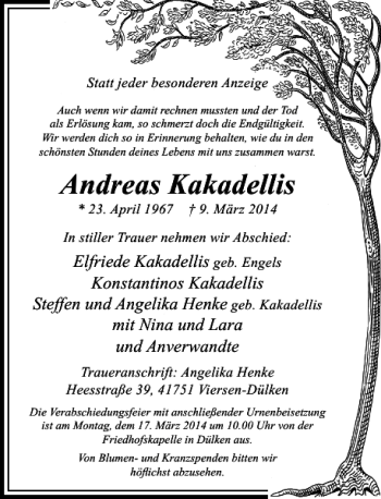 Todesanzeige von Andreas Kakadellis von Rheinische Post