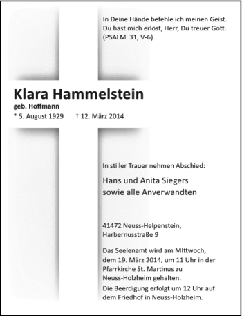 Todesanzeige von Klara Hammelstein von Rheinische Post