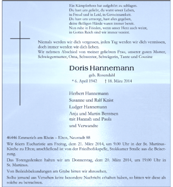 Todesanzeige von Hannemann Doris von Rheinische Post