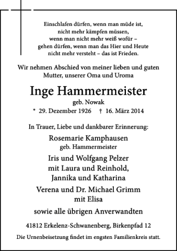 Todesanzeige von Inge Hammermeister von Rheinische Post