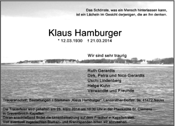 Todesanzeige von Klaus Hamburger von Rheinische Post