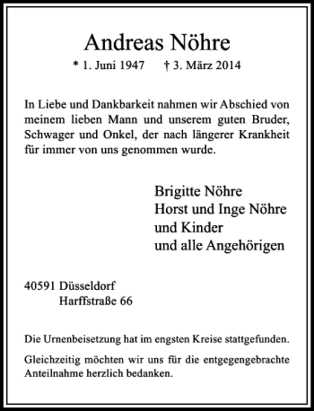 Todesanzeige von Andreas Nöhre von Rheinische Post