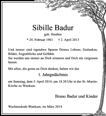 Todesanzeige von Sibille Badur von Rheinische Post