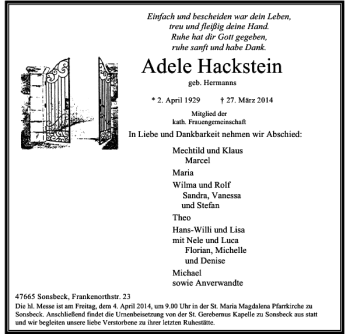 Todesanzeige von Adele Hackstein von Rheinische Post