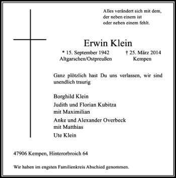 Todesanzeige von Erwin Kleine von Rheinische Post