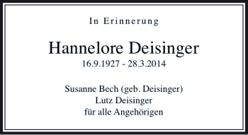Todesanzeige von Deisinger Hannelore von Rheinische Post