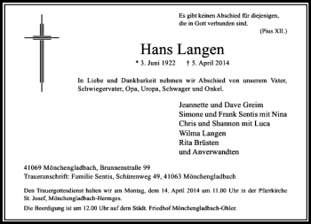 Todesanzeige von Hans Langen von Rheinische Post