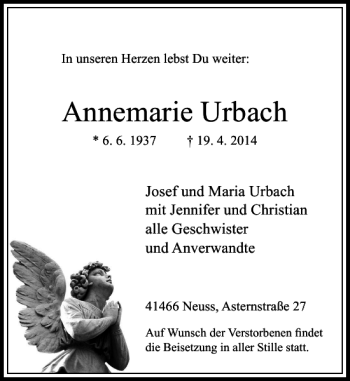 Todesanzeige von Urbach Annemarie von Rheinische Post