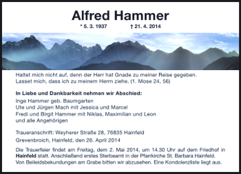 Todesanzeige von Alfred Hammer von Rheinische Post