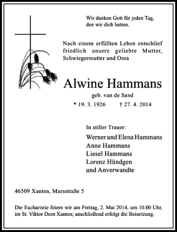 Todesanzeige von Alwine Hammans von Rheinische Post