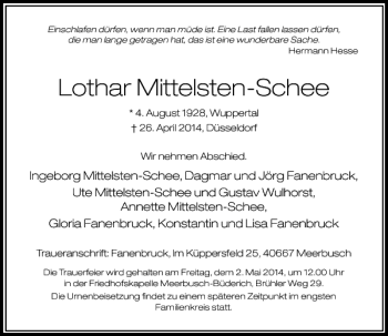 Todesanzeige von Lothar Mittelsten-Schee von Rheinische Post
