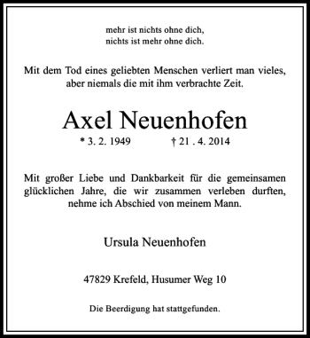Todesanzeige von Axel Neuenhofen von Rheinische Post