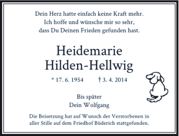 Todesanzeige von Heidemarie Hilden-Hellwig von Rheinische Post