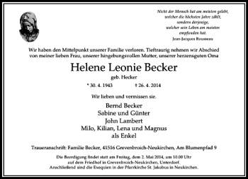 Todesanzeige von Helene Leonie Becker von Rheinische Post