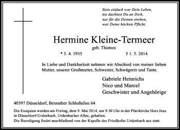 Todesanzeige von Hermine Kleine-Termeer von Rheinische Post