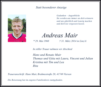 Todesanzeige von Andreas Mair von Rheinische Post