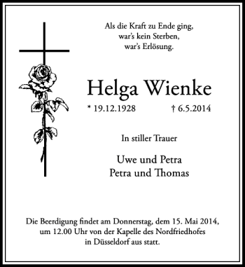 Todesanzeige von Helga Wienke von Rheinische Post