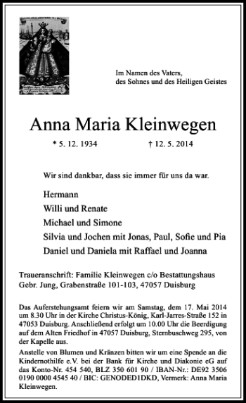 Todesanzeige von Anna Maria Kleinwegen von Rheinische Post