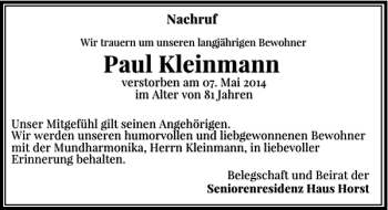 Todesanzeige von Paul Kleinmann von Rheinische Post