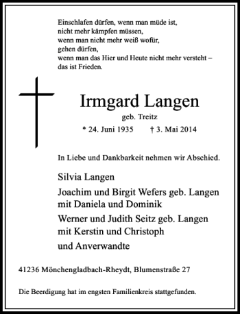 Todesanzeige von Irmgard Langen von Rheinische Post