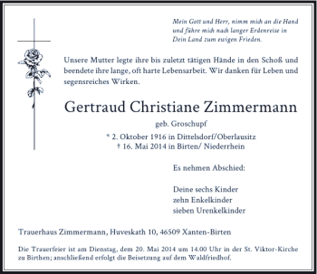 Todesanzeige von Gertraud Christiane Zimmermann von Rheinische Post