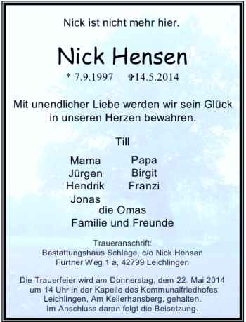 Todesanzeige von Hensen Nick von Rheinische Post