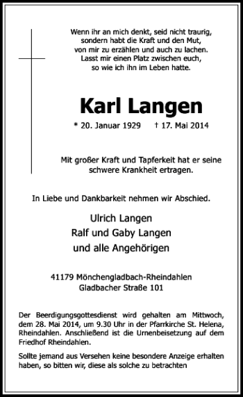 Todesanzeige von Karl Langen von Rheinische Post