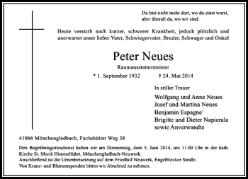 Todesanzeige von Peter Neues von Rheinische Post