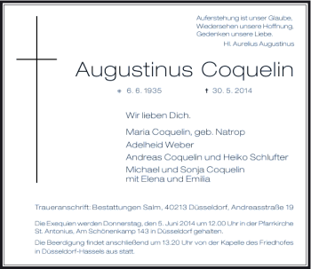 Todesanzeige von Augustinus Coquelin von Rheinische Post