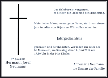Todesanzeige von Jahrgedächtnis Hermann Josef Neumann von Rheinische Post
