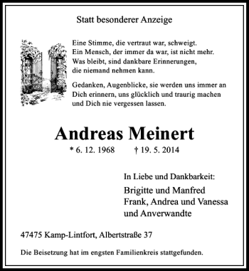 Todesanzeige von Andreas Meinert von Rheinische Post