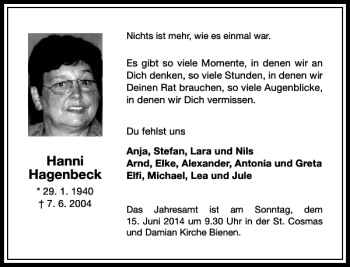 Todesanzeige von Hanni Hagenbeck von Rheinische Post