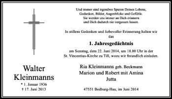 Todesanzeige von Walter Kleinmanns von Rheinische Post