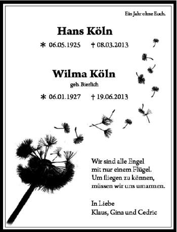 Todesanzeige von Hans Wilma Köln von Rheinische Post