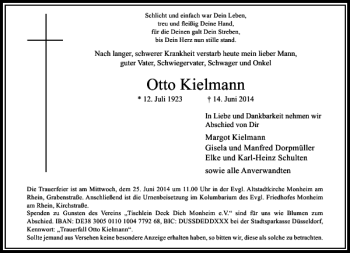 Todesanzeige von Otto Kielmann von Rheinische Post