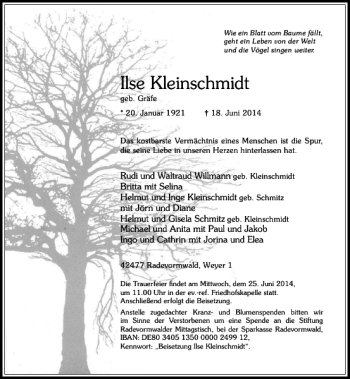 Todesanzeige von Ilse Kleinschmidt von Rheinische Post