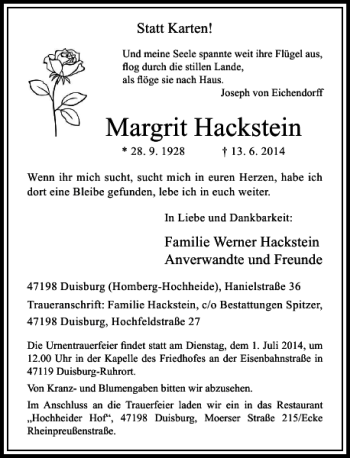 Todesanzeige von Margrit Hackstein von Rheinische Post