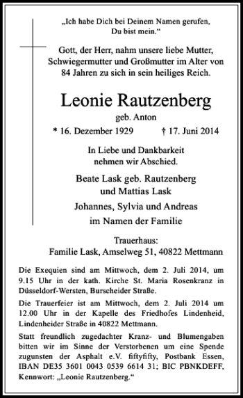 Todesanzeige von Leonie Rautzenberg von Rheinische Post