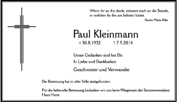 Todesanzeige von Paul Kleinmann von Rheinische Post