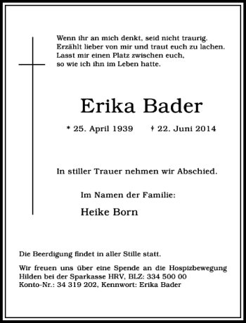 Todesanzeige von Erika Bader von Rheinische Post