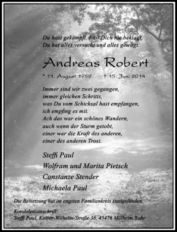 Todesanzeige von Andreas Robert von Rheinische Post