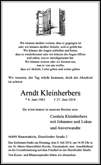 Todesanzeige von Arndt Kleinherbers von Rheinische Post